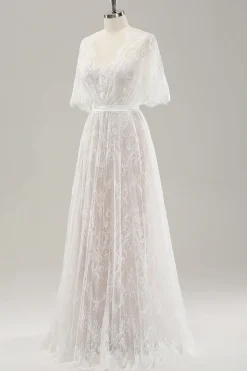 Branco Uma linha querida renda vestido de noiva longo com mangas curtas