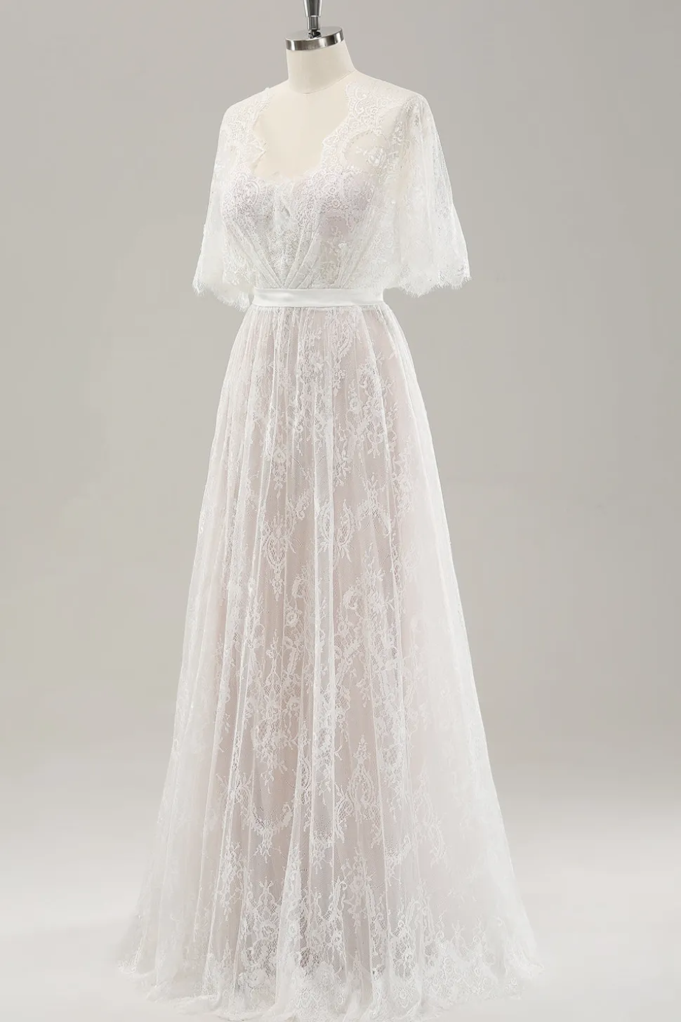 Branco Uma linha querida renda vestido de noiva longo com mangas curtas