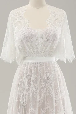 Branco Uma linha querida renda vestido de noiva longo com mangas curtas