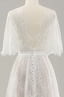 Branco Uma linha querida renda vestido de noiva longo com mangas curtas
