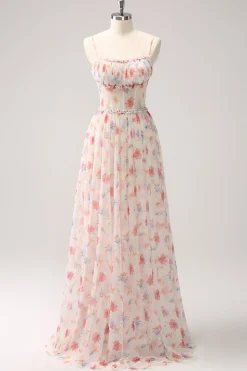 Branco Vermelho Floral A-Line Esparguete Correias Longo Vestido Madrinha