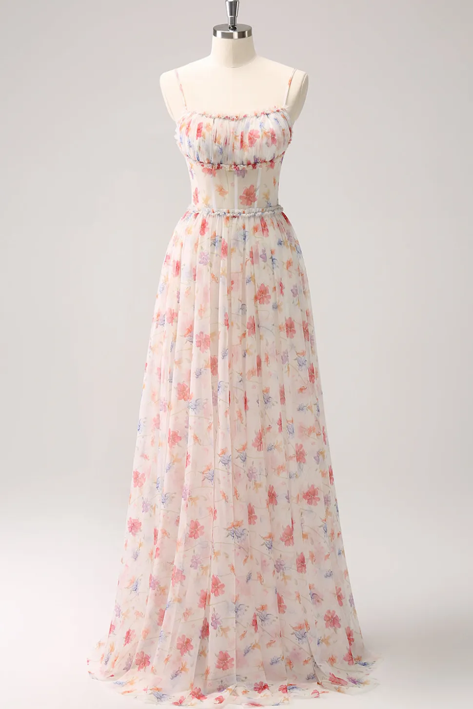 Branco Vermelho Floral A-Line Esparguete Correias Longo Vestido Madrinha