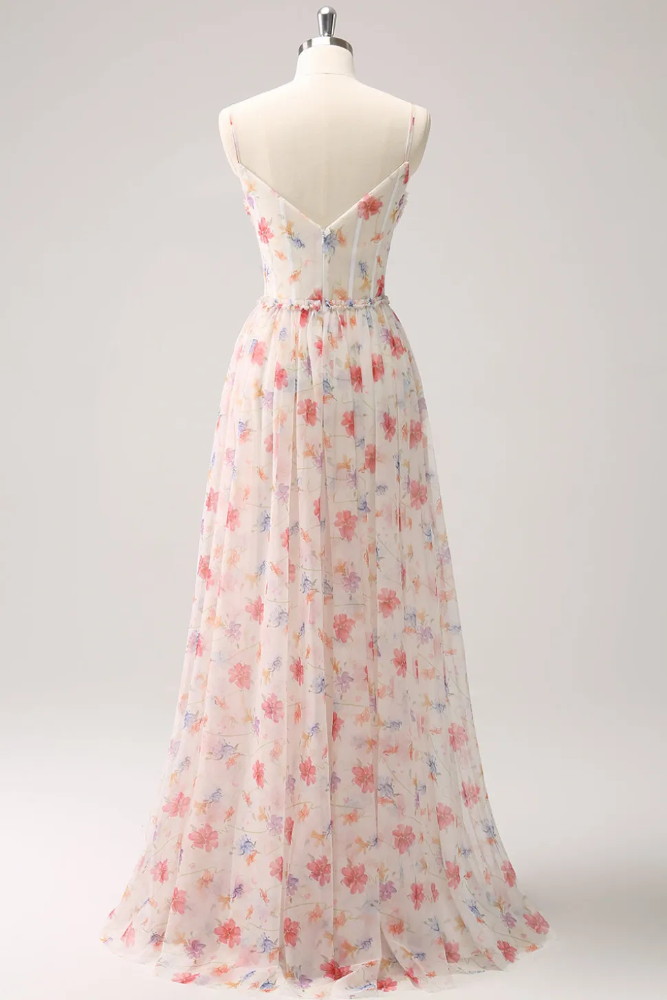 Branco Vermelho Floral A-Line Esparguete Correias Longo Vestido Madrinha