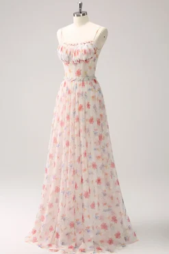 Branco Vermelho Floral A-Line Esparguete Correias Longo Vestido Madrinha