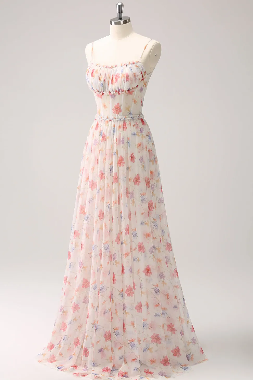 Branco Vermelho Floral A-Line Esparguete Correias Longo Vestido Madrinha