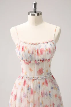 Branco Vermelho Floral A-Line Esparguete Correias Longo Vestido Madrinha