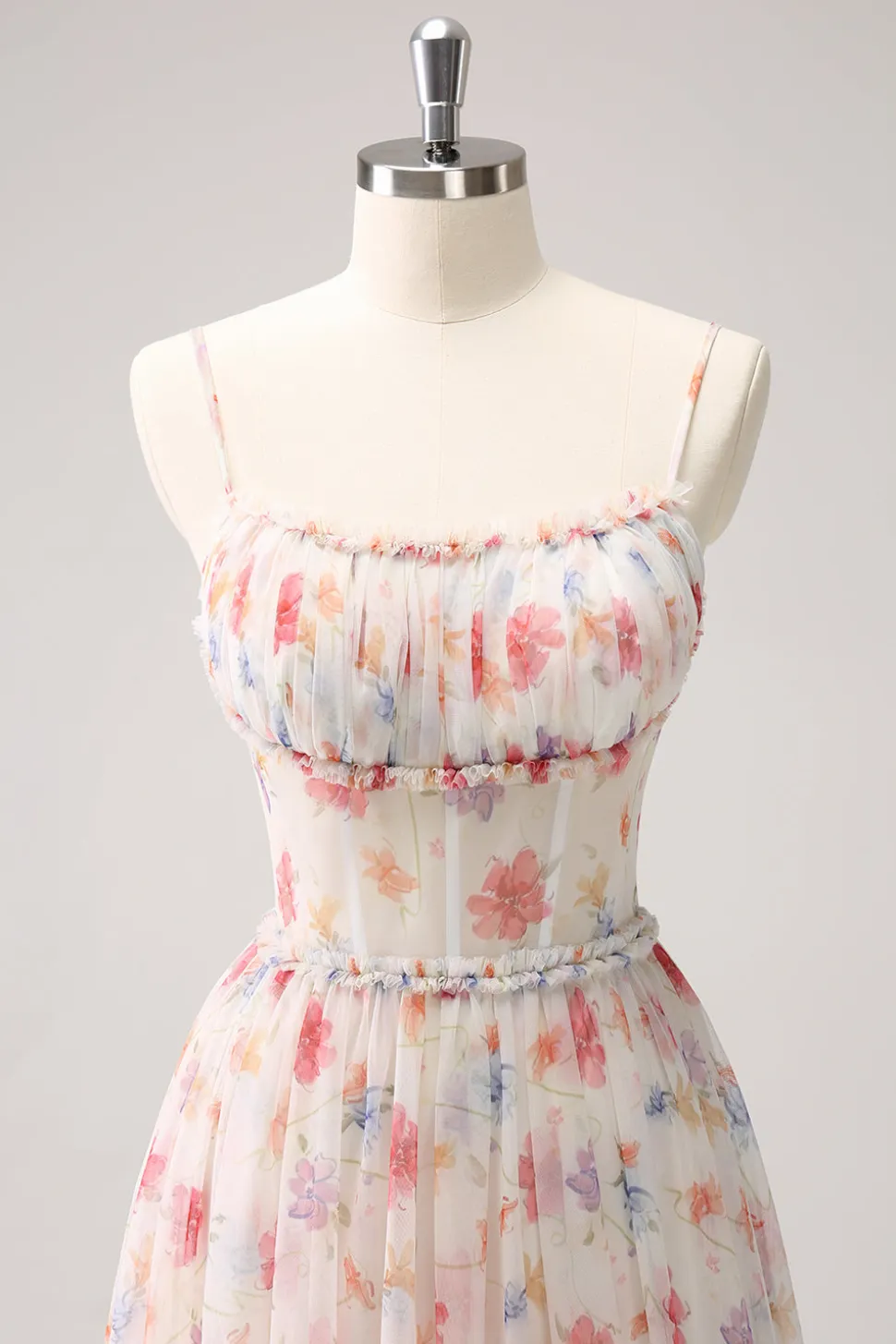 Branco Vermelho Floral A-Line Esparguete Correias Longo Vestido Madrinha