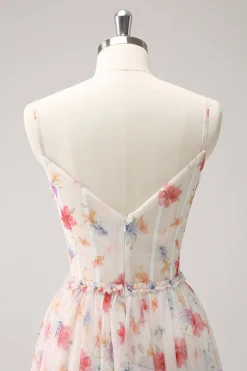 Branco Vermelho Floral A-Line Esparguete Correias Longo Vestido Madrinha