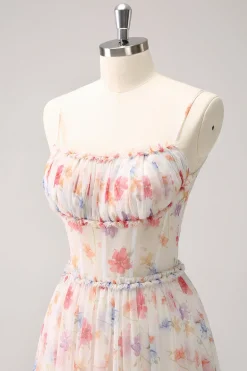 Branco Vermelho Floral A-Line Esparguete Correias Longo Vestido Madrinha