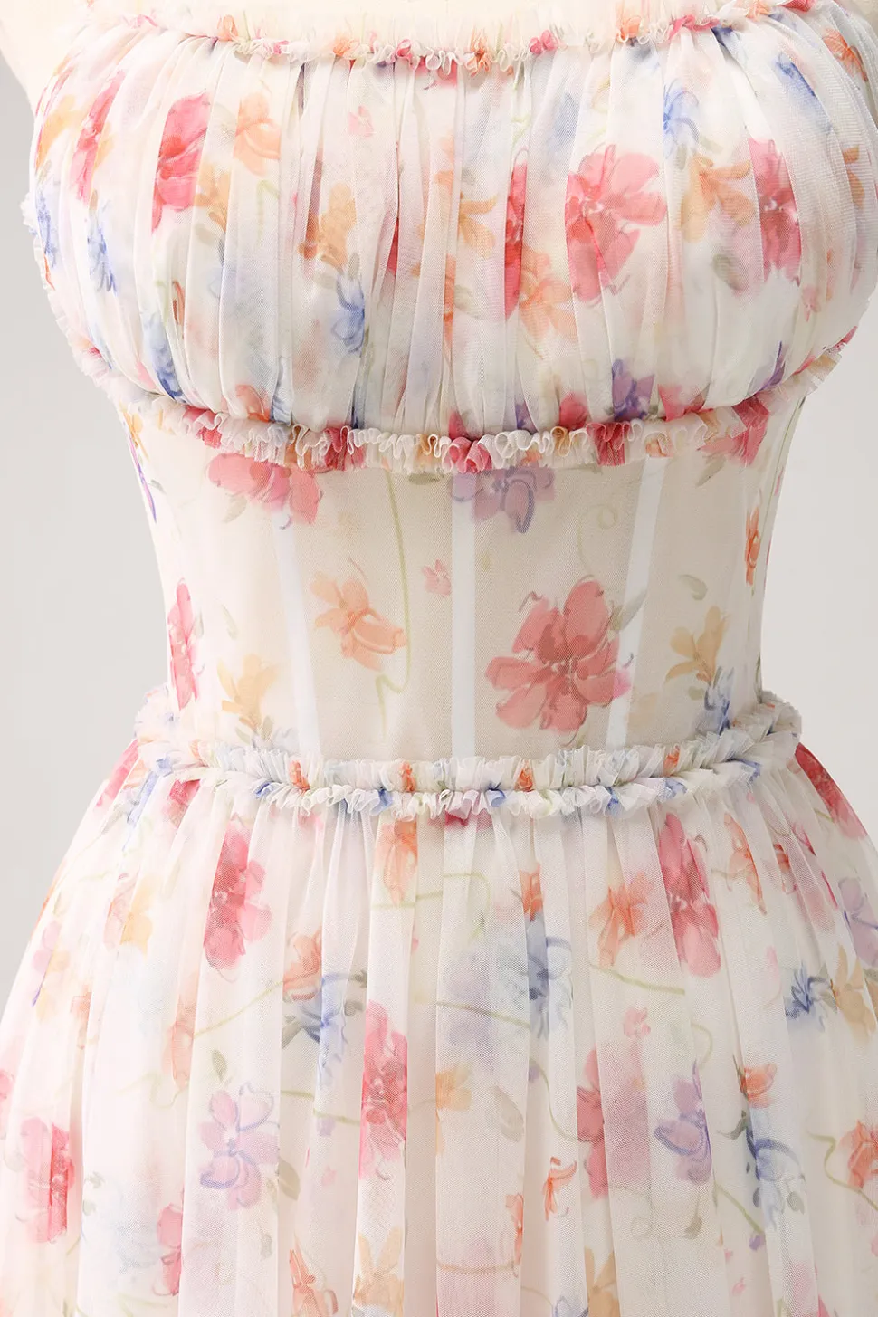Branco Vermelho Floral A-Line Esparguete Correias Longo Vestido Madrinha