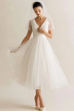 Branco V-Neck Uma linha pontilhada Tule Midi vestido de noiva