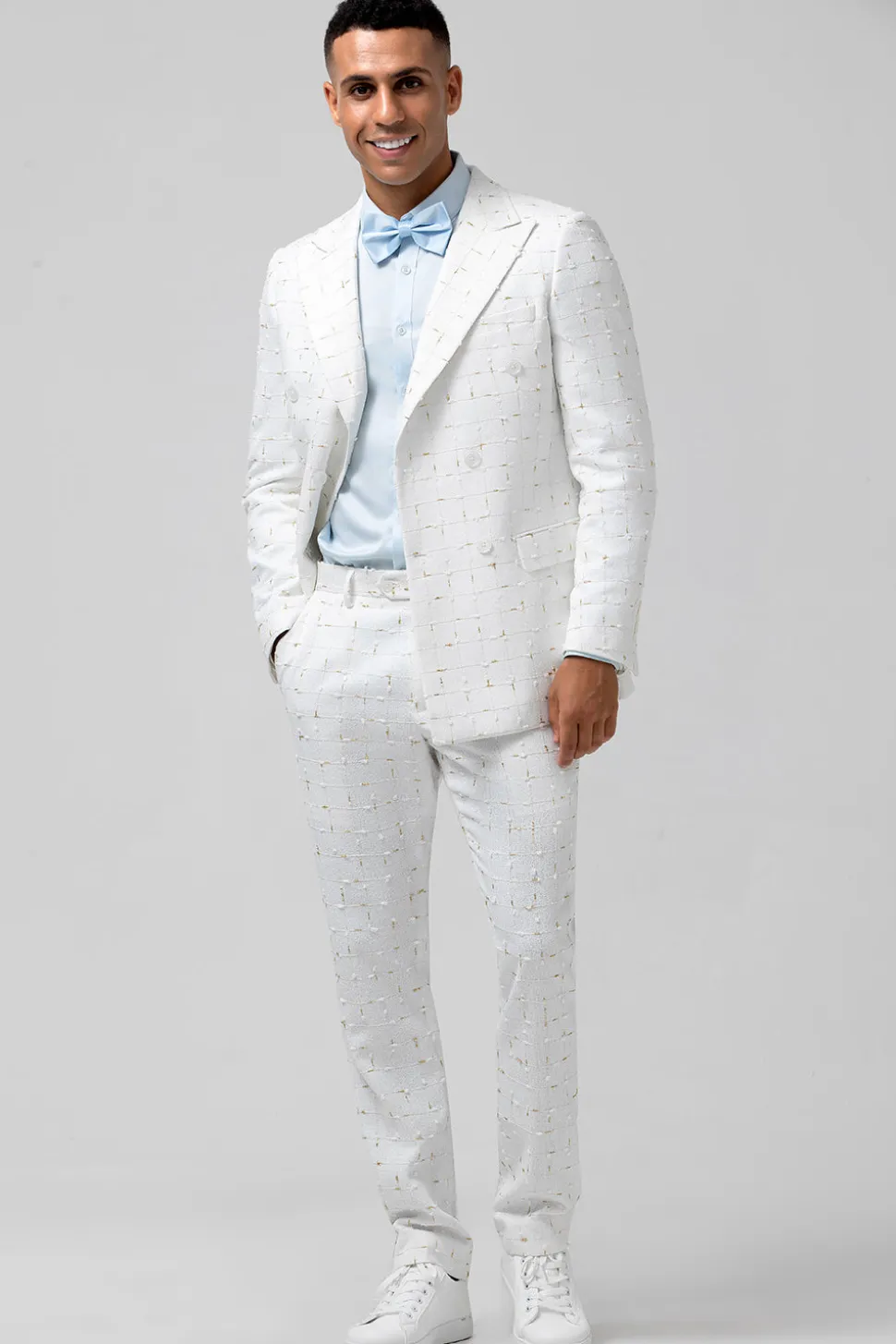 Branco xadrez único peito pico lapela 2 peças ternos de casamento masculino