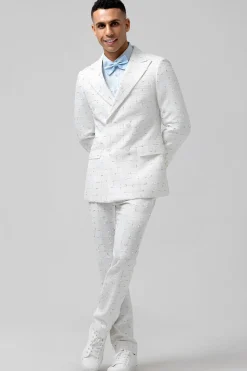 Branco xadrez único peito pico lapela 2 peças ternos de casamento masculino