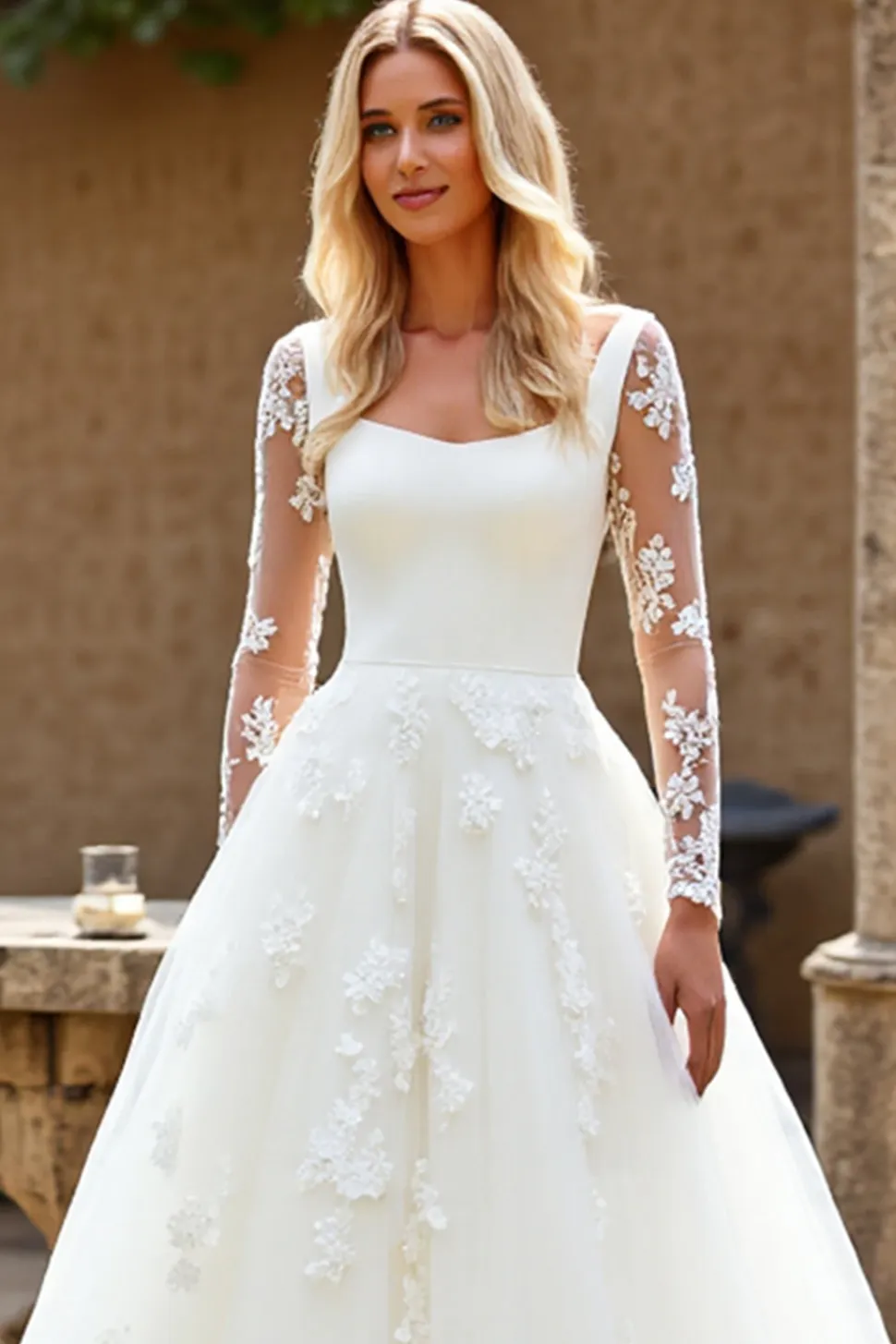 BrancoLinha-A Pescoço Quadrado Sweep/Brush Trem Tule Vestido de Noiva com Apliques
