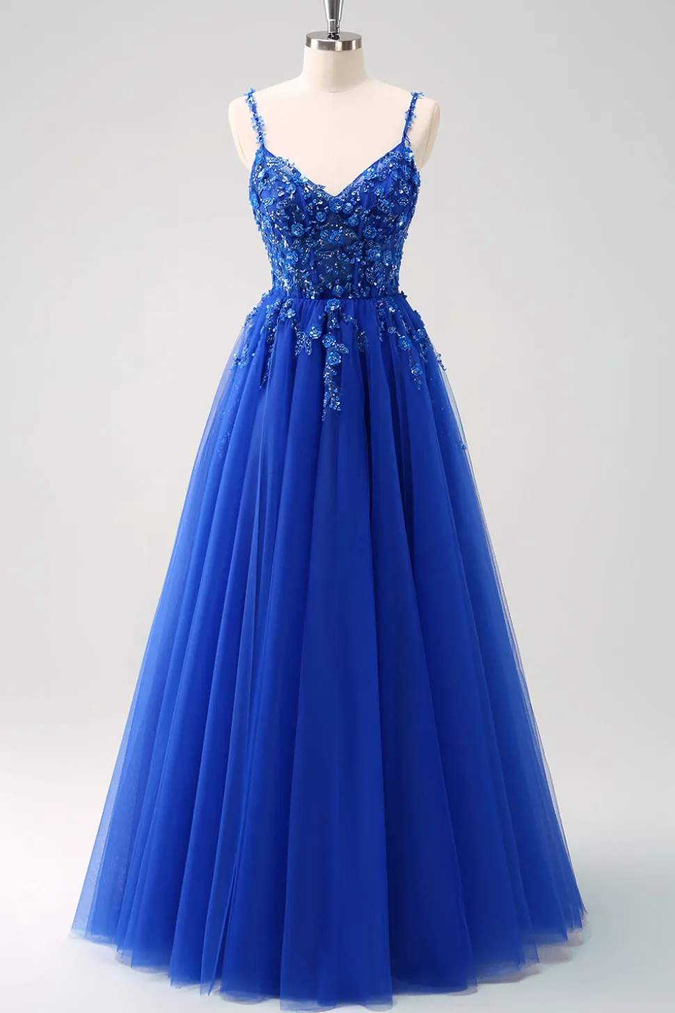 Brilhante A-Line Royal Blue Spaghetti Correias Corset Long Prom Dress