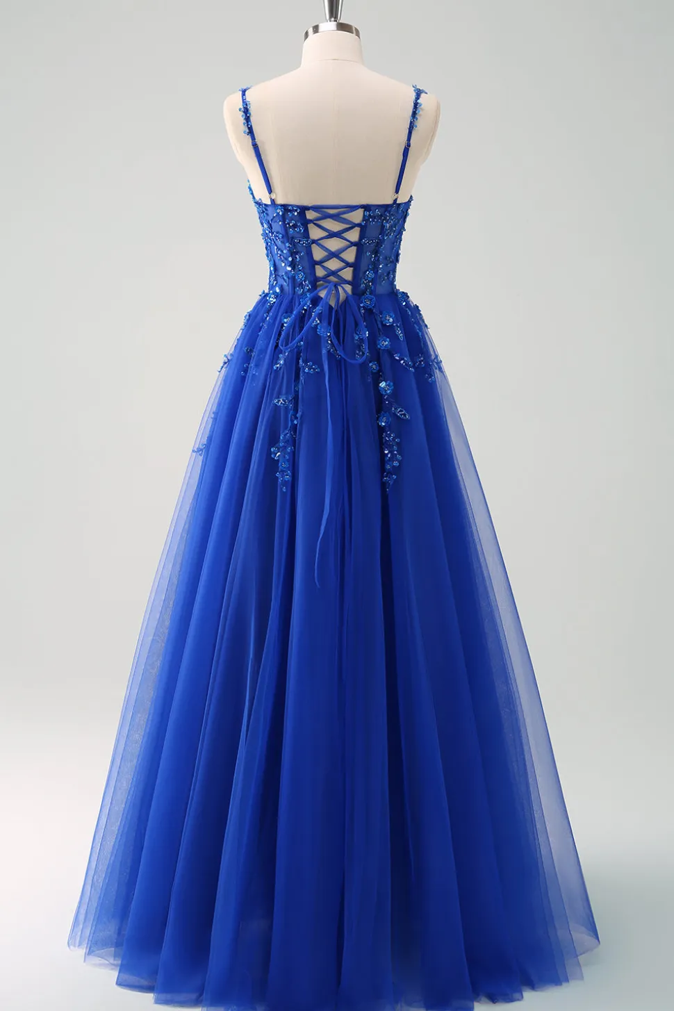 Brilhante A-Line Royal Blue Spaghetti Correias Corset Long Prom Dress
