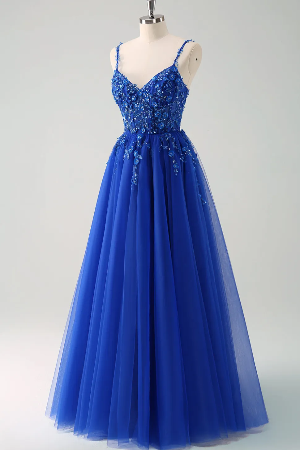Brilhante A-Line Royal Blue Spaghetti Correias Corset Long Prom Dress
