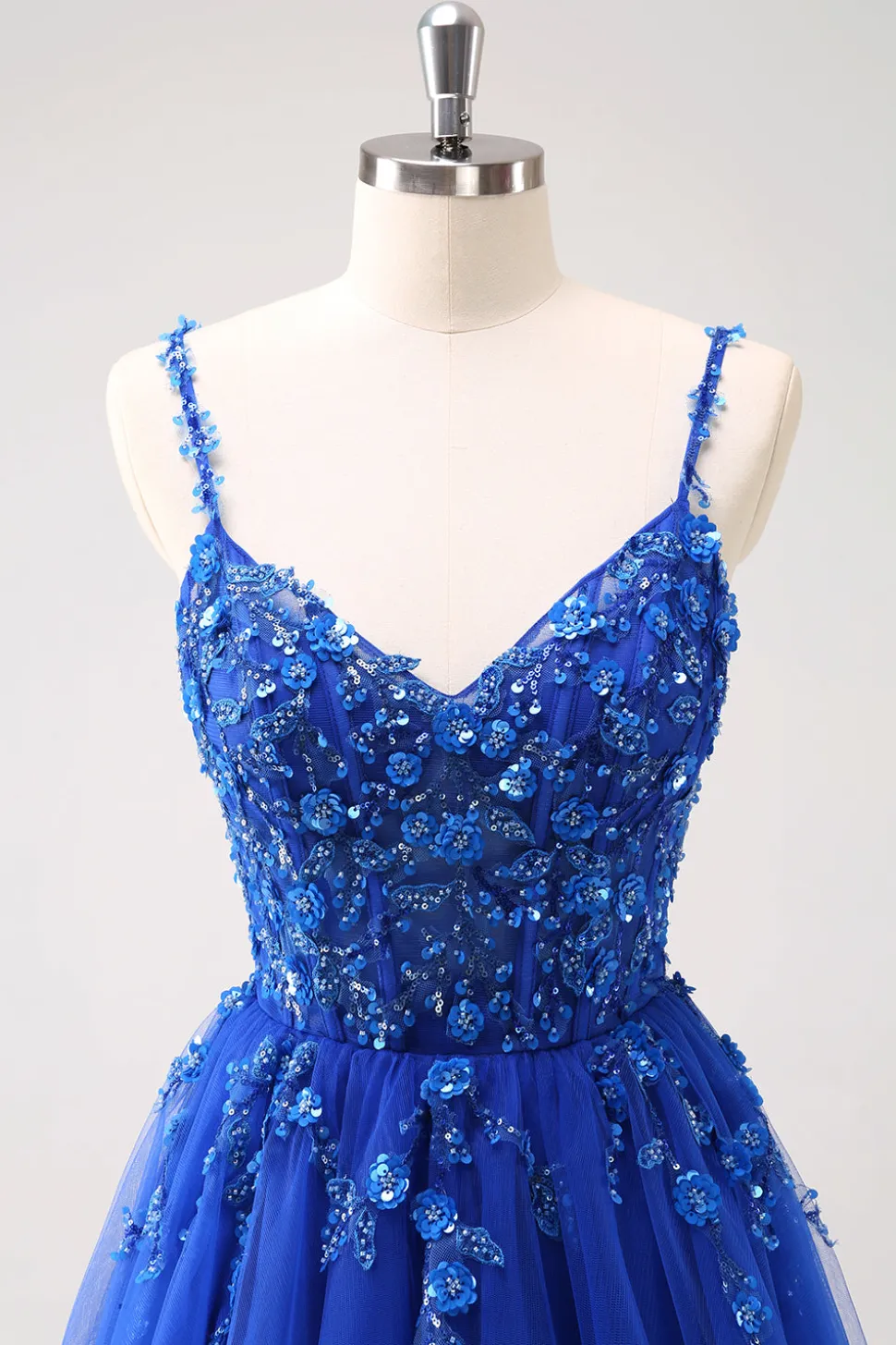 Brilhante A-Line Royal Blue Spaghetti Correias Corset Long Prom Dress