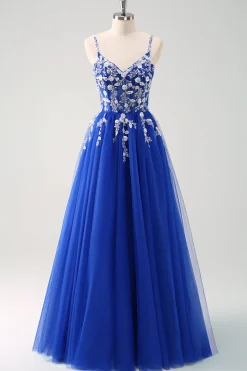 Brilhante A-Line Royal Blue Spaghetti Correias Corset Long Prom Dress