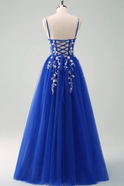 Brilhante A-Line Royal Blue Spaghetti Correias Corset Long Prom Dress