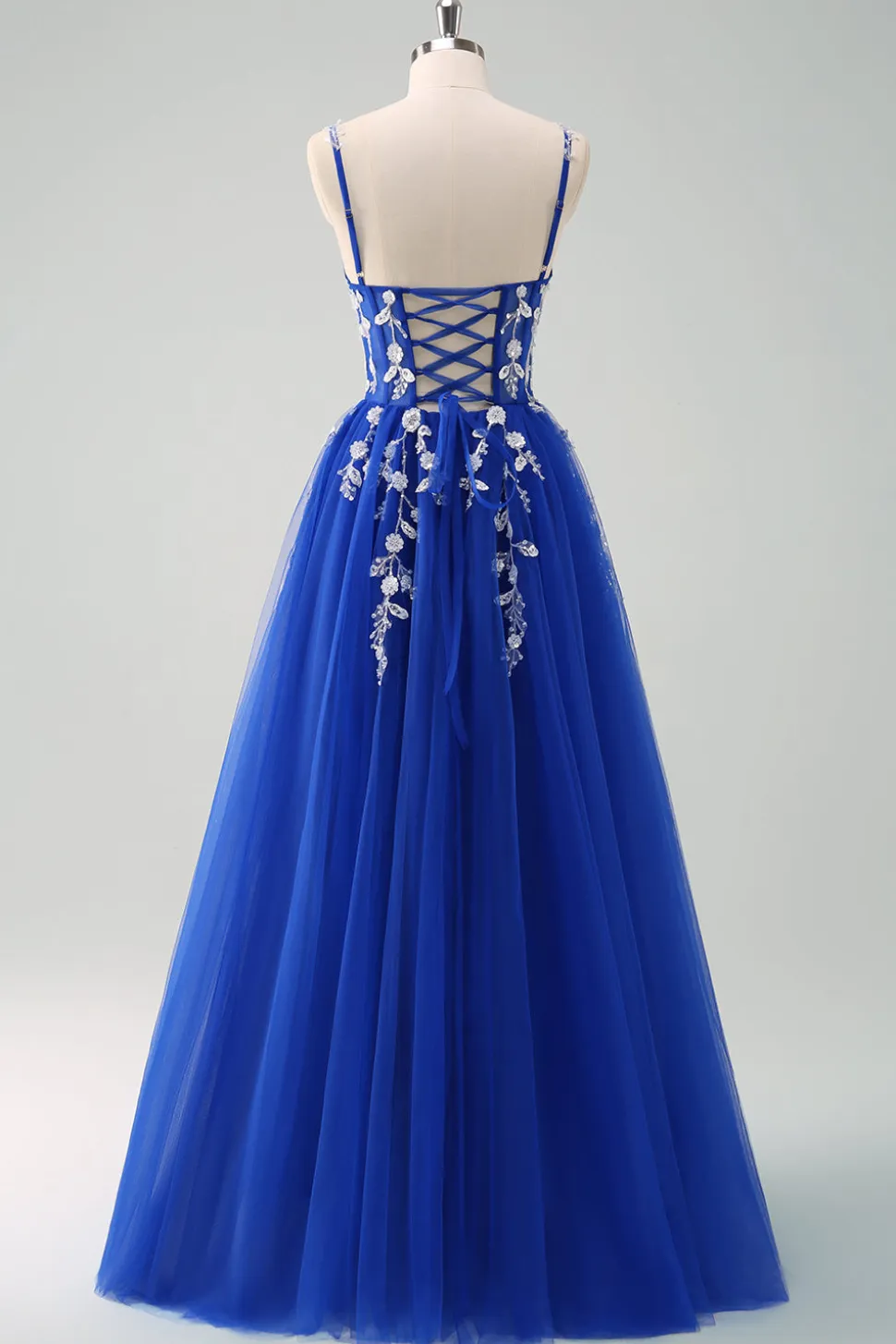 Brilhante A-Line Royal Blue Spaghetti Correias Corset Long Prom Dress