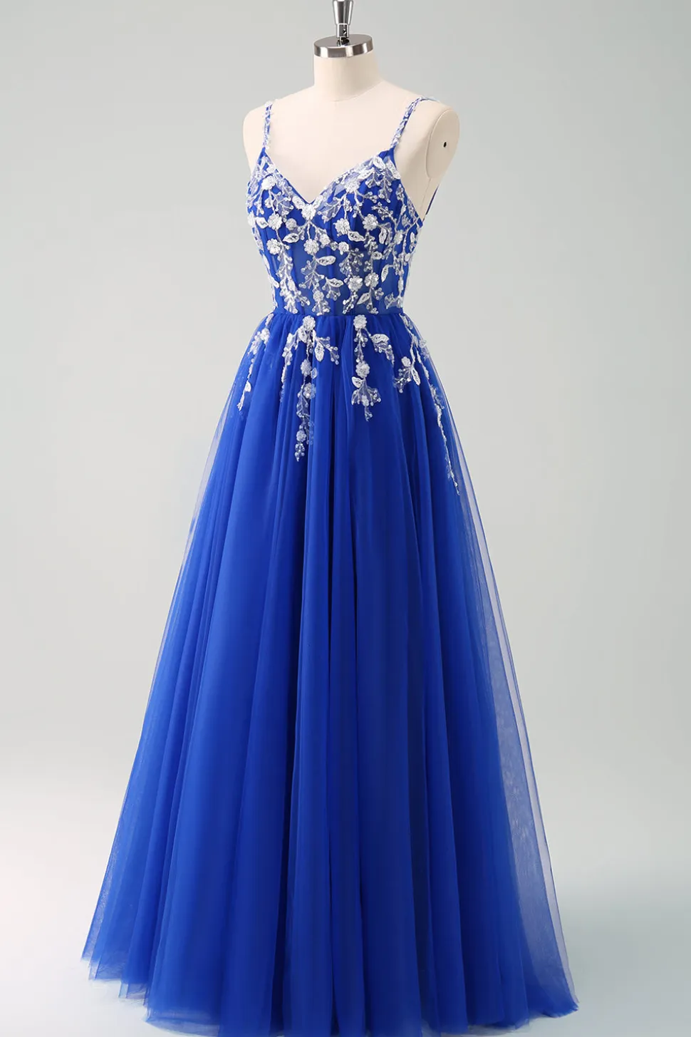 Brilhante A-Line Royal Blue Spaghetti Correias Corset Long Prom Dress
