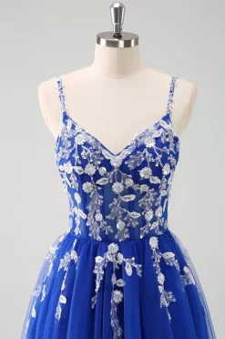 Brilhante A-Line Royal Blue Spaghetti Correias Corset Long Prom Dress