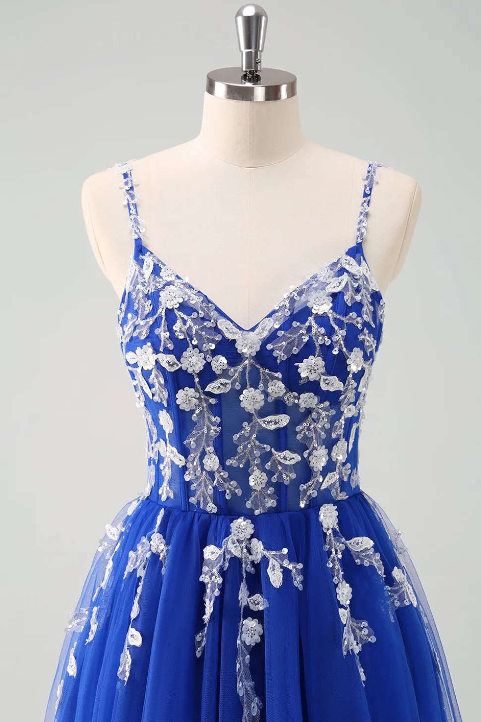 Brilhante A-Line Royal Blue Spaghetti Correias Corset Long Prom Dress