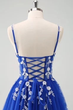 Brilhante A-Line Royal Blue Spaghetti Correias Corset Long Prom Dress