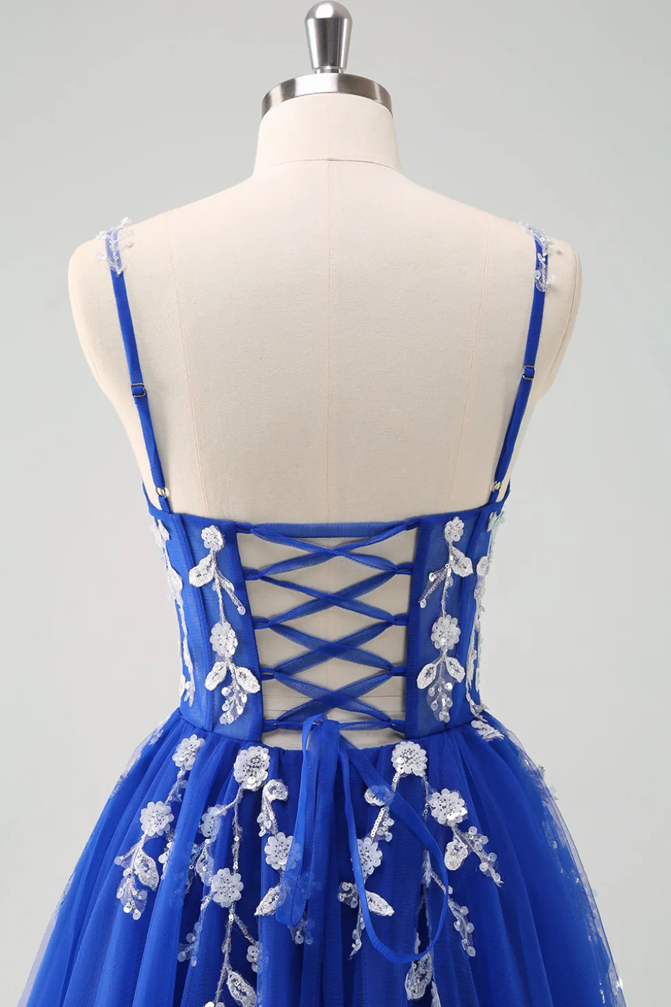 Brilhante A-Line Royal Blue Spaghetti Correias Corset Long Prom Dress