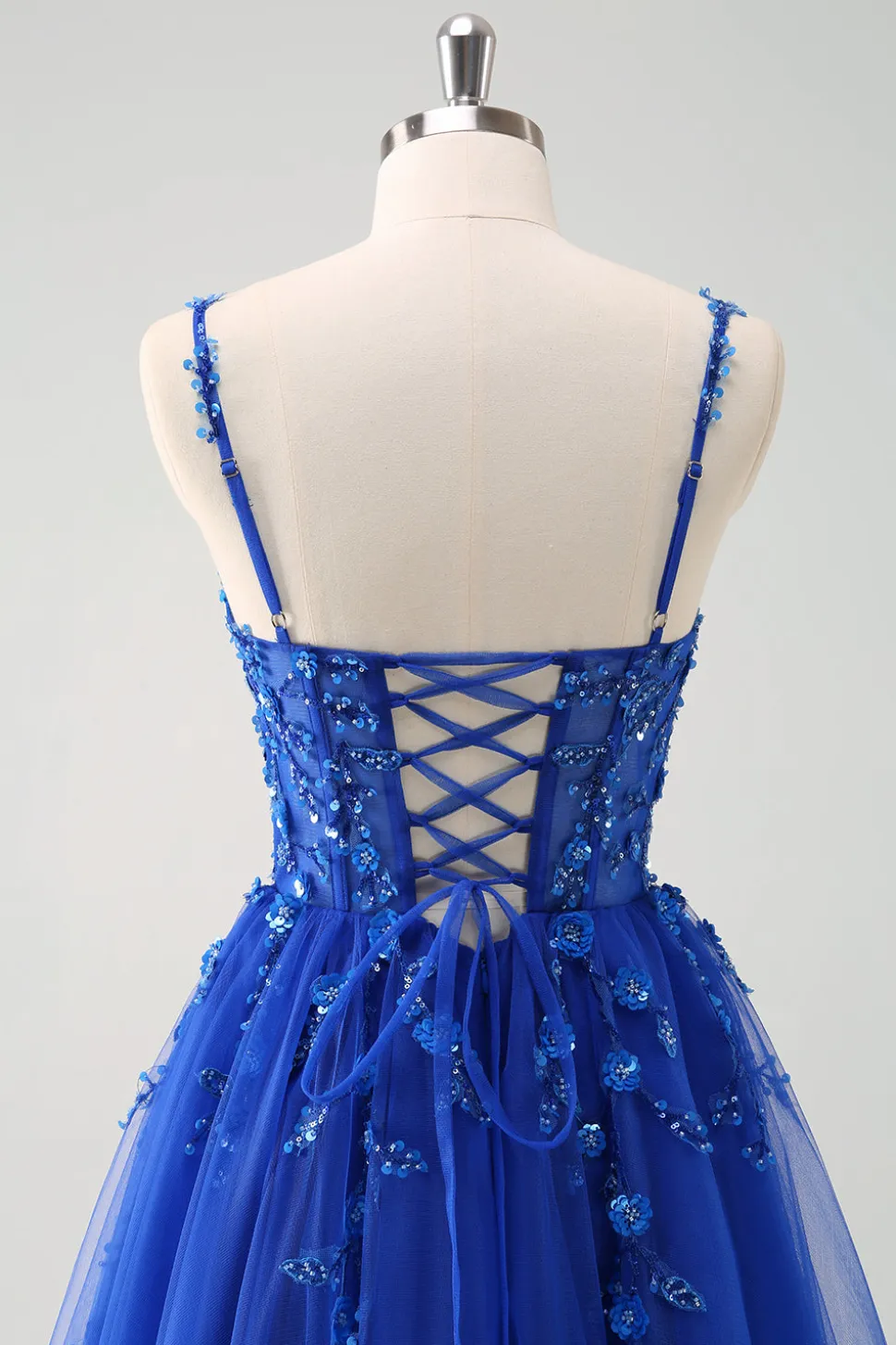 Brilhante A-Line Royal Blue Spaghetti Correias Corset Long Prom Dress