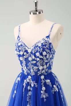 Brilhante A-Line Royal Blue Spaghetti Correias Corset Long Prom Dress