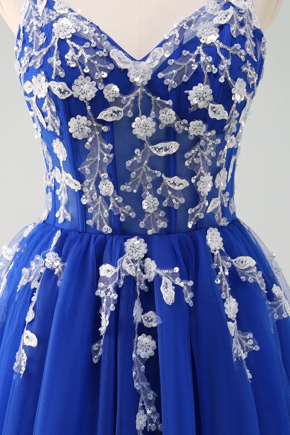 Brilhante A-Line Royal Blue Spaghetti Correias Corset Long Prom Dress