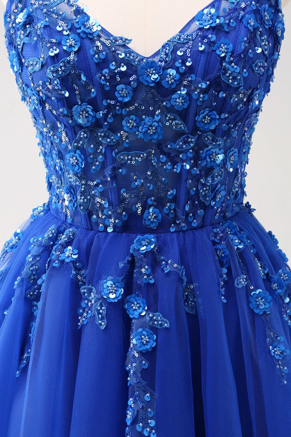 Brilhante A-Line Royal Blue Spaghetti Correias Corset Long Prom Dress