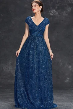 Brilhante A-Line V-Neck cinza azul longo vestido formal