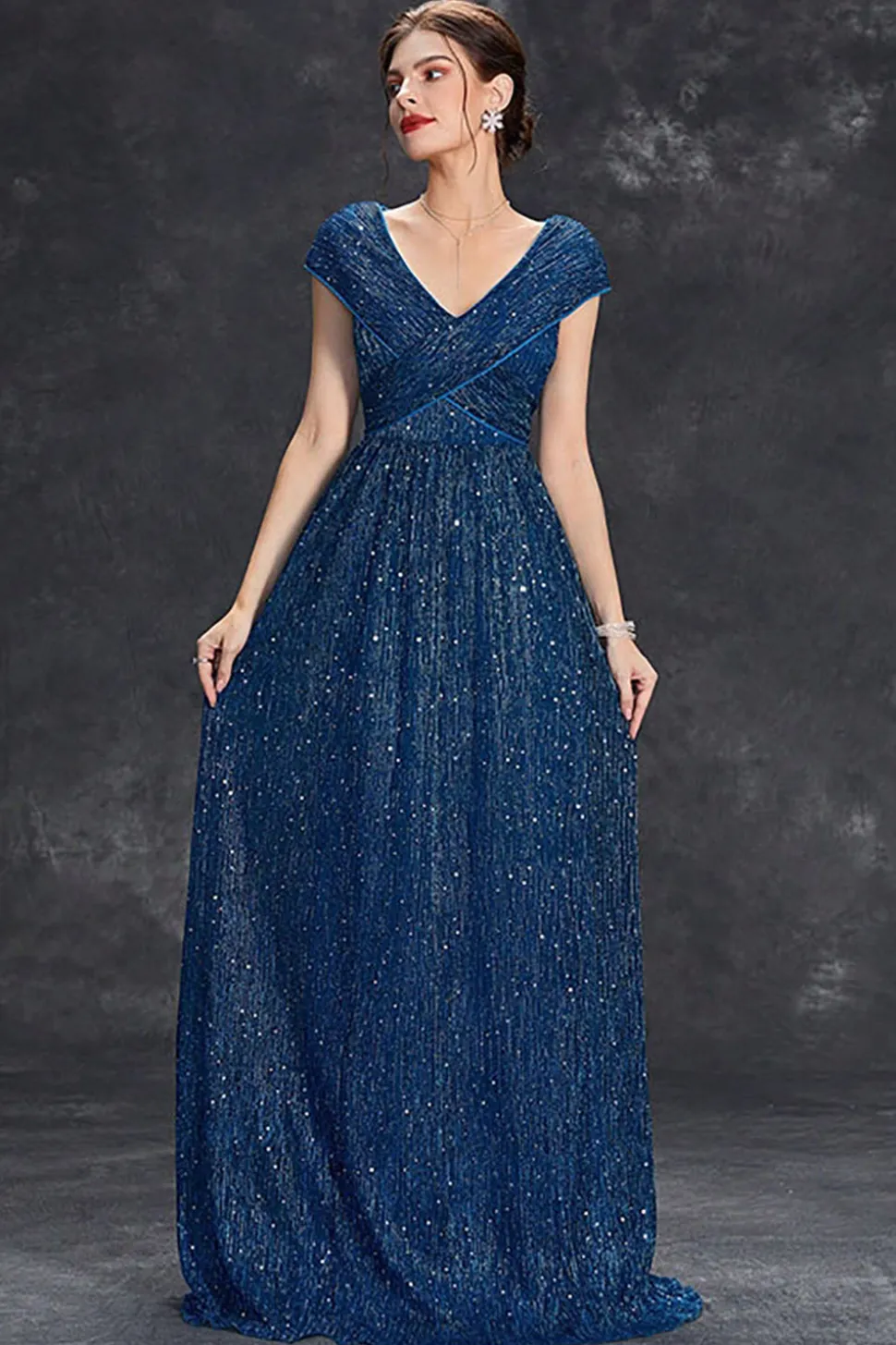 Brilhante A-Line V-Neck cinza azul longo vestido formal