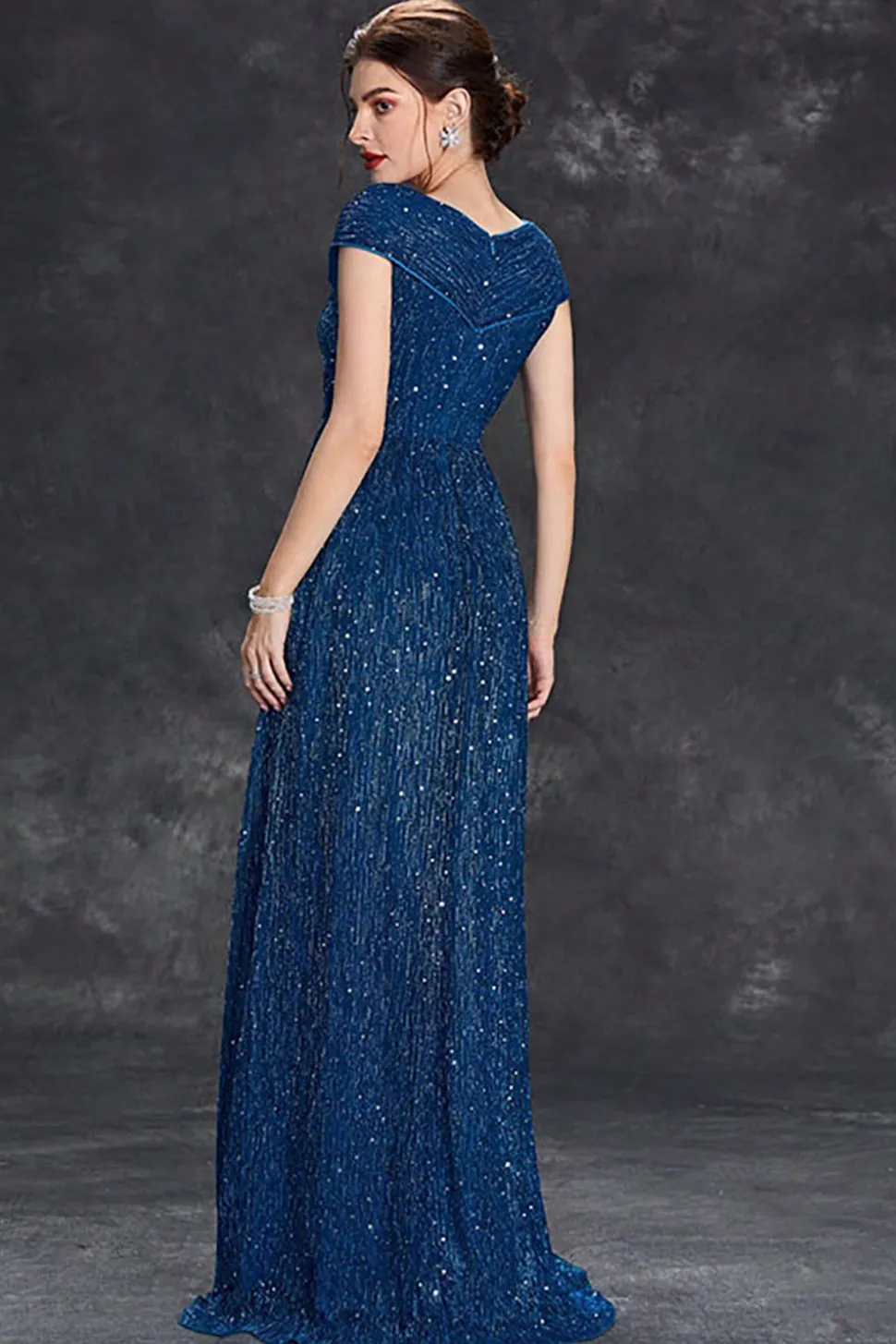 Brilhante A-Line V-Neck cinza azul longo vestido formal