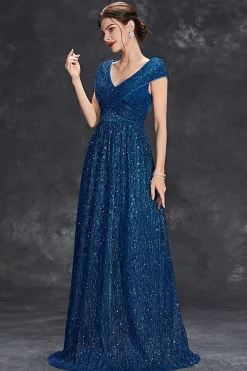 Brilhante A-Line V-Neck cinza azul longo vestido formal