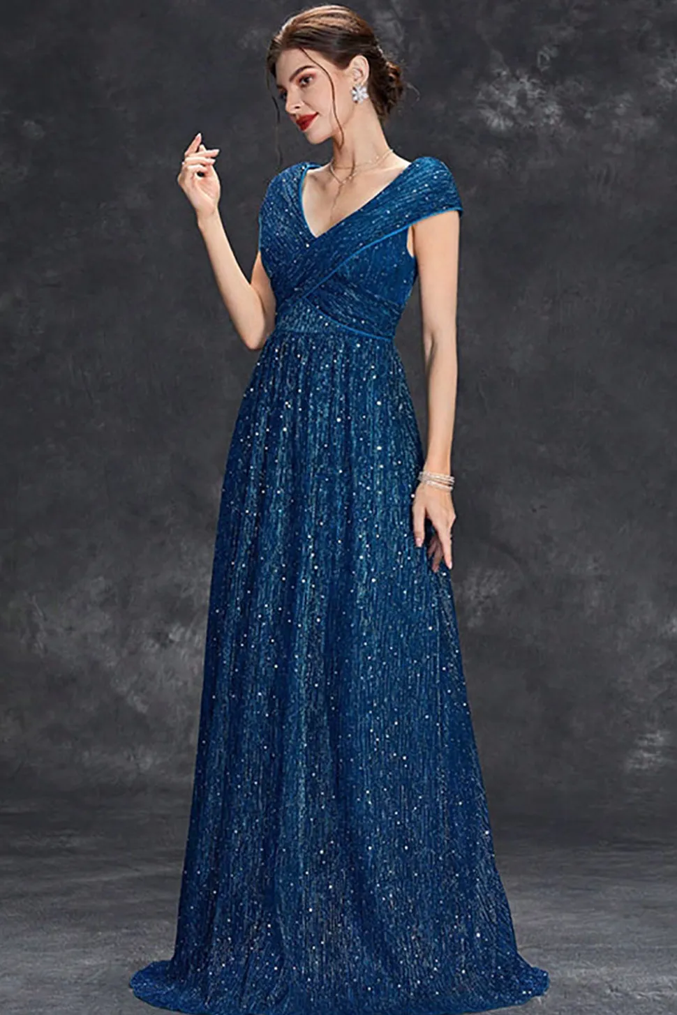 Brilhante A-Line V-Neck cinza azul longo vestido formal