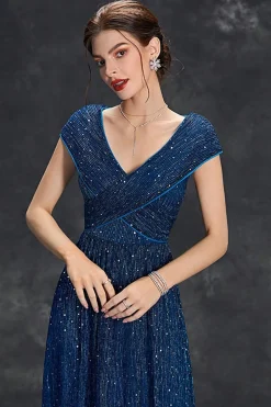 Brilhante A-Line V-Neck cinza azul longo vestido formal