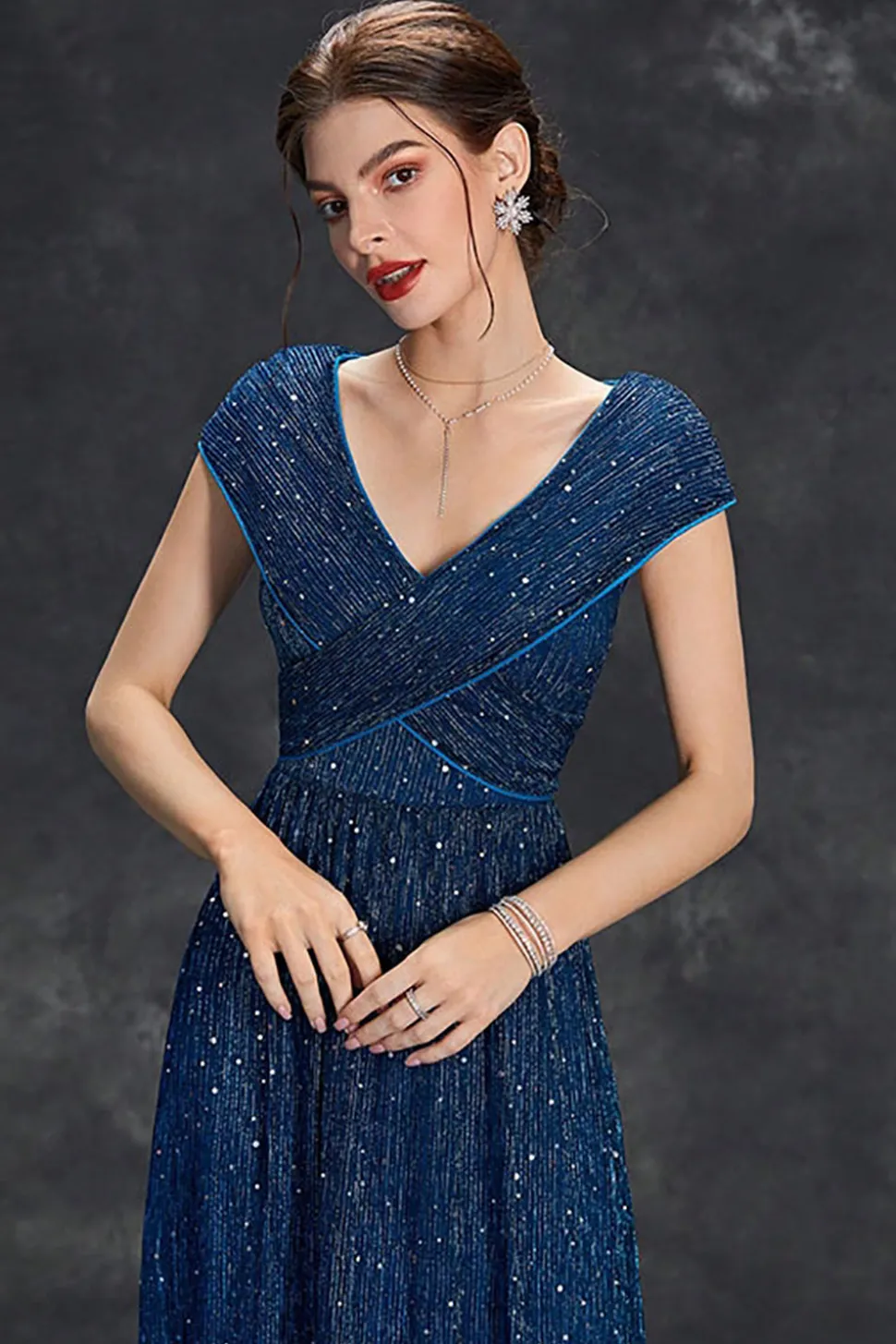 Brilhante A-Line V-Neck cinza azul longo vestido formal