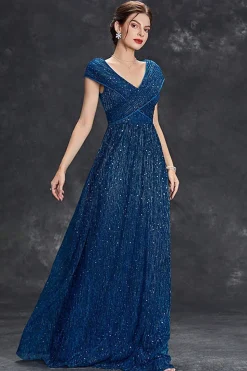 Brilhante A-Line V-Neck cinza azul longo vestido formal