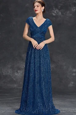 Brilhante A-Line V-Neck cinza azul longo vestido formal