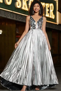 Brilhante A-Line V-Neck Silver Mirror Prom Dress com fenda
