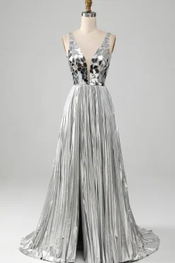 Brilhante A-Line V-Neck Silver Mirror Prom Dress com fenda