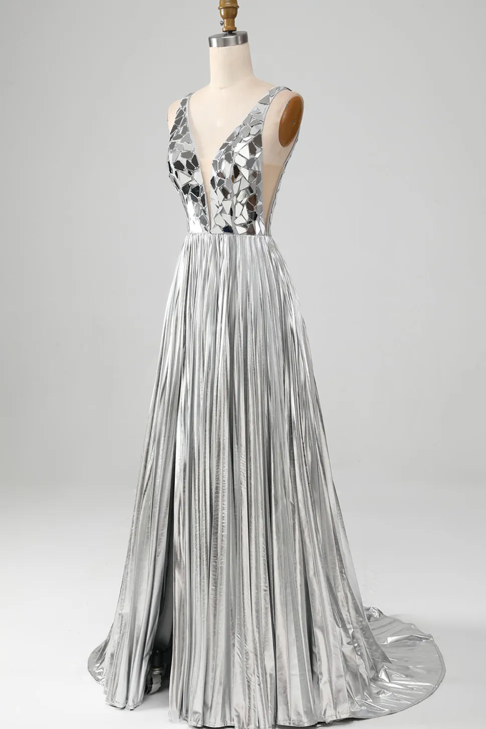 Brilhante A-Line V-Neck Silver Mirror Prom Dress com fenda