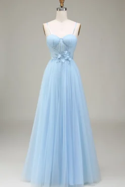Brilhante azul claro A-Line Tulle Prom Dress Com Apliques