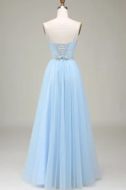 Brilhante azul claro A-Line Tulle Prom Dress Com Apliques