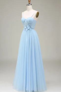 Brilhante azul claro A-Line Tulle Prom Dress Com Apliques