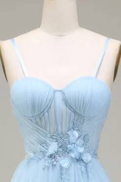 Brilhante azul claro A-Line Tulle Prom Dress Com Apliques